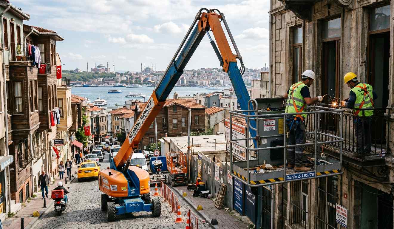 Sahada çalışan bir kiralık manlift modeli