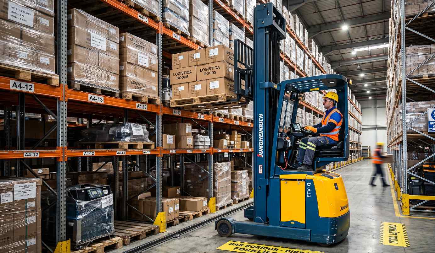Depoda dar koridor forklifti çalışması