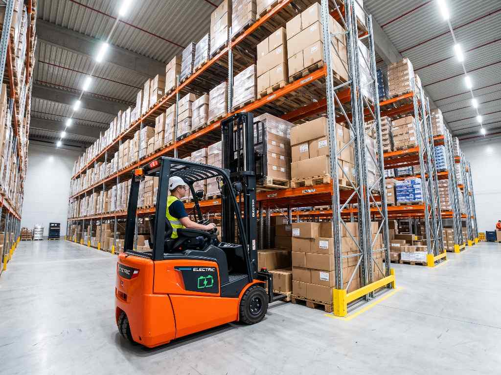 Kapalı depoda elektrikli forklift çalışması